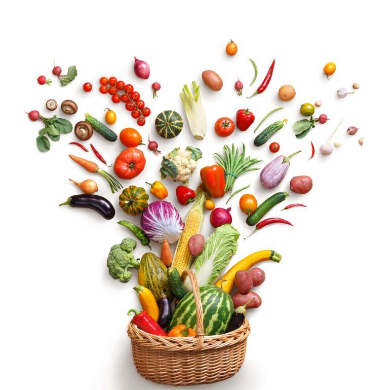 fruits and vegetables exploding out of basket