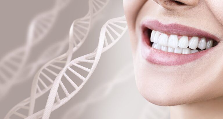 Woman with healthy teeth and smile among DNA chains